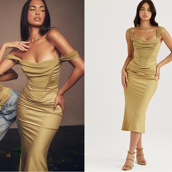 House of CB Dresses & Skirts - House of CB 'Natalya' Olive Satin Corset Midi Dress NWOT